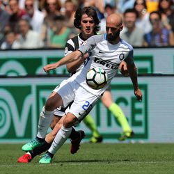 Borja Valero of FC Internazionale in action against Adrija Balic of Udinese Calcio during the Serie A match between Udinese Calcio and FC Internazionale at Stadio Friuli on May 6, 2018 in Udine, Italy.
