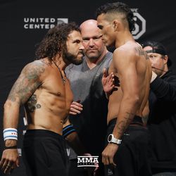 Clay Guida and Charles Oliveira square off at UFC 225 weigh-ins.