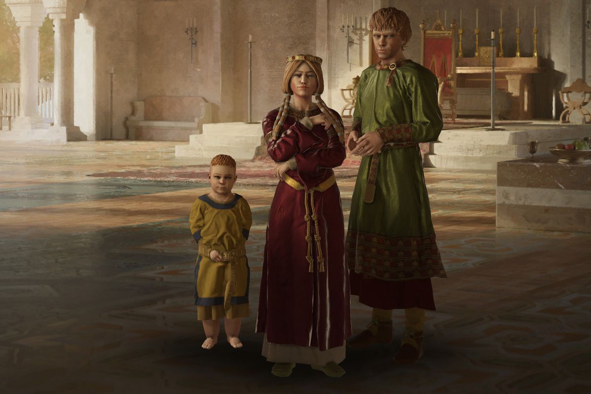 Matilda with her husband, Andrea, and their son and heir, Boniface Canossa. They’re standing in a brightly lit throne room.