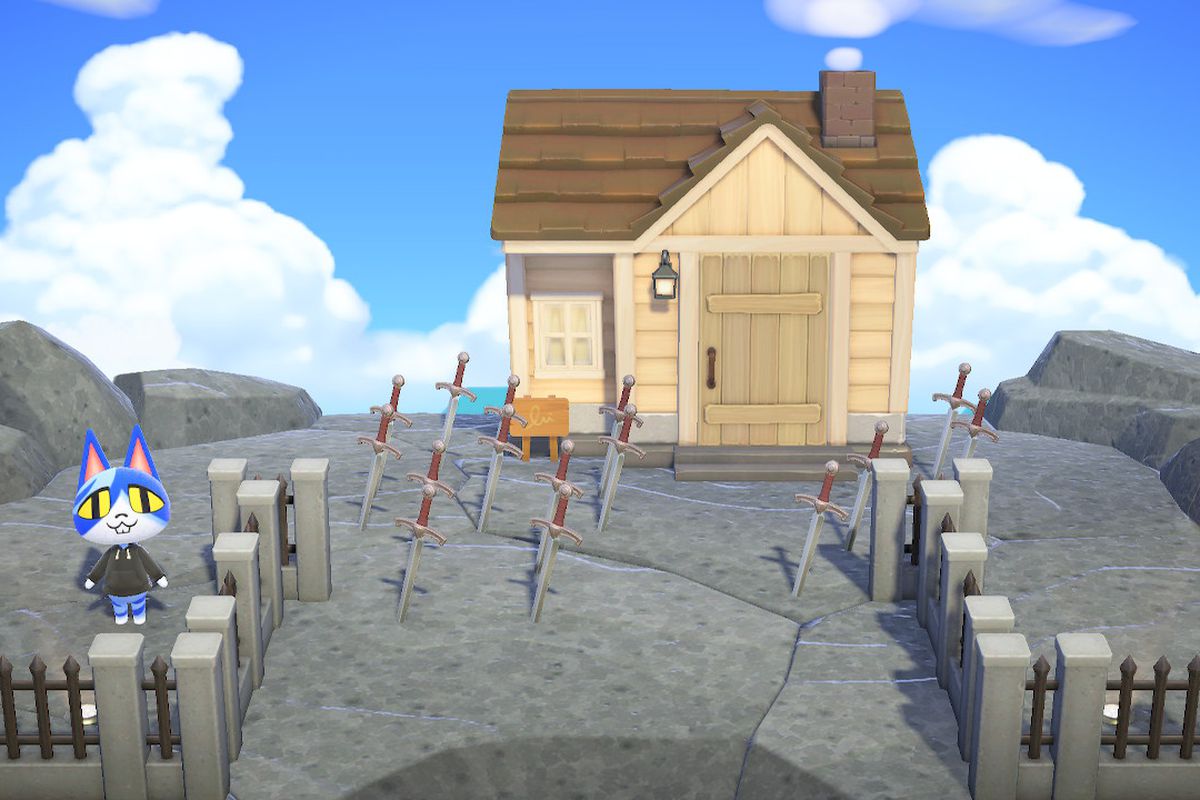 A screenshot from Animal Crossing: New Horizons Happy Home Paradise DLC, with a blue cat standing in the front yard of a home, which has a rocky foundation full of swords.