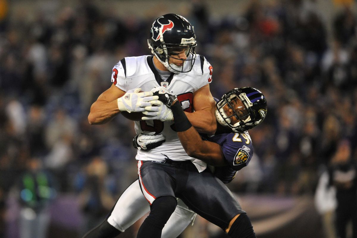 BALTIMORE - OCTOBER 16:  Kevin Walter #83 of the Houston Texans males a catch against the Baltimore Ravens at M&T Bank Stadium on October 16. 2011 in Baltimore, Maryland. The Ravens defeated the Texans 29-14. (Photo by Larry French/Getty Images)