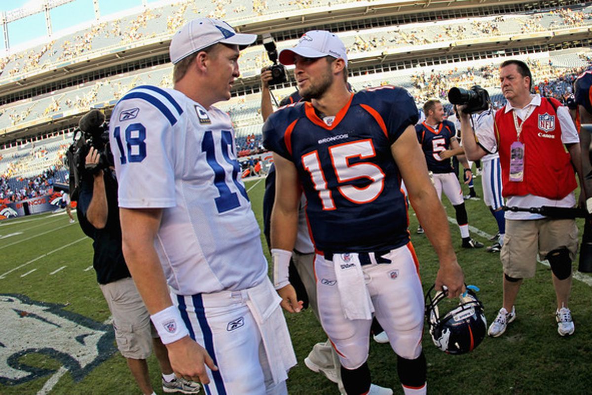 Quarterback Peyton Manning #18 of the Indianapolis Colts and quarterback Tim Tebow #15 of the Denver Broncos meet at midfield after the game at INVESCO Field at Mile High on September 26 2010 in Denver Colorado.