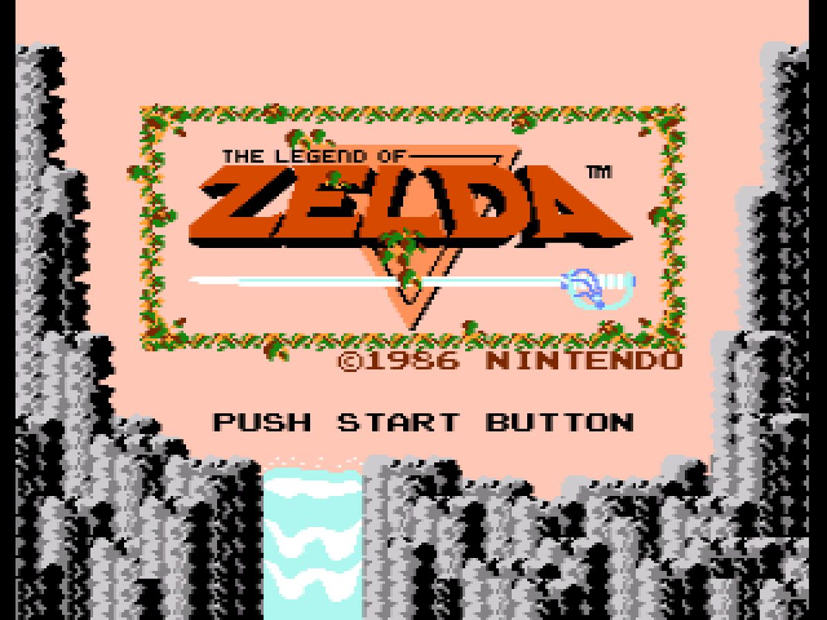 Pantalla de título de The Legend of Zelda, con el logotipo que aparece sobre una cascada rocosa en gráficos pixelados de 8 bits