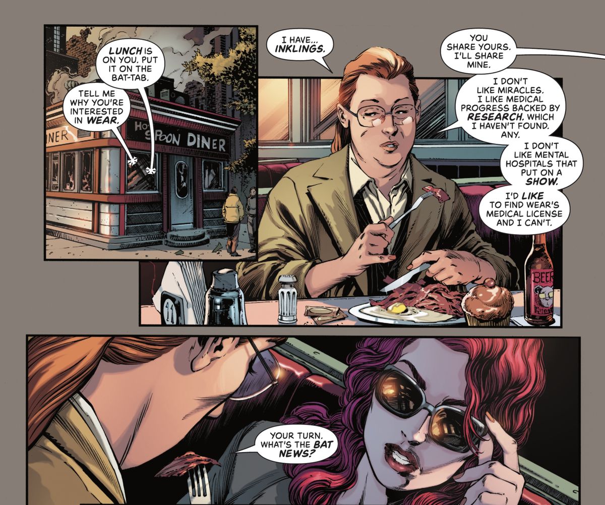 Middle-aged reporter Deb Donovan has a beer and a full diner breakfast as talks with Kate Kane in Detective Comics #1047 (2022). 