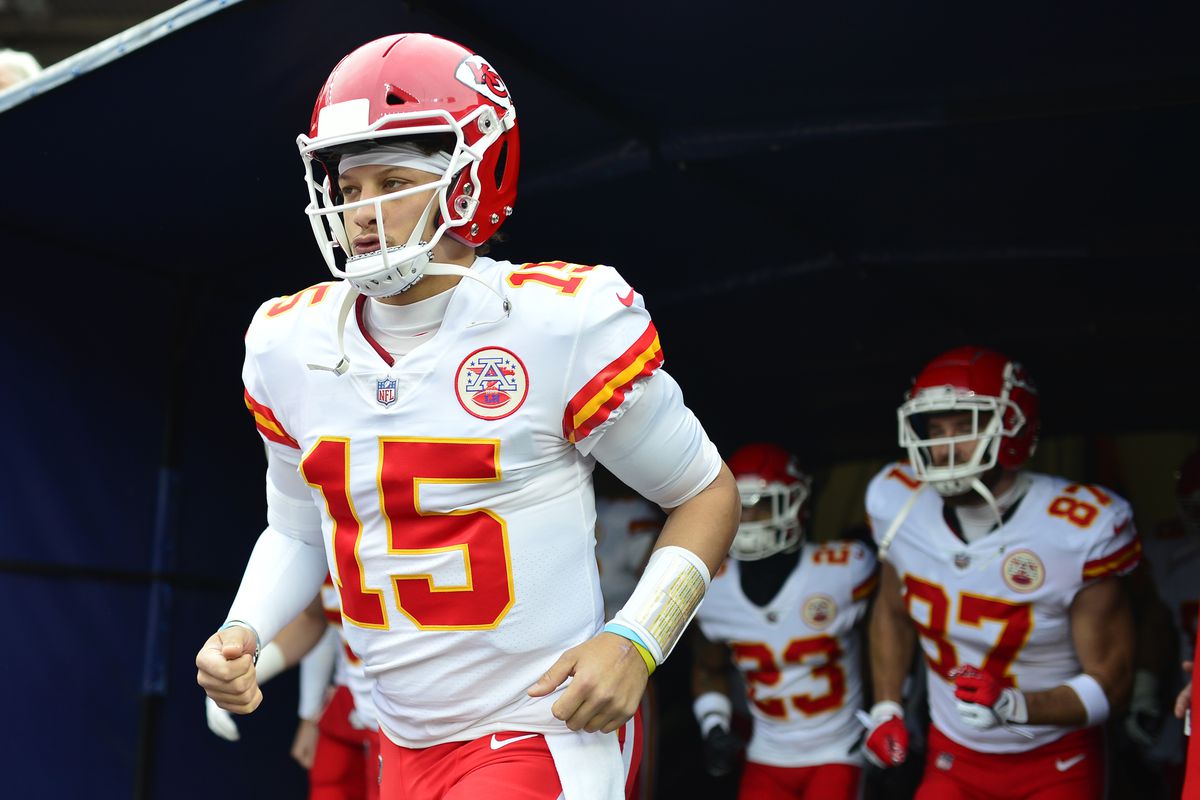 Patrick Mahomes #15 of the Kansas City Chiefs takes the field to face the Denver Broncos at Empower Field At Mile High on January 08, 2022 in Denver, Colorado.
