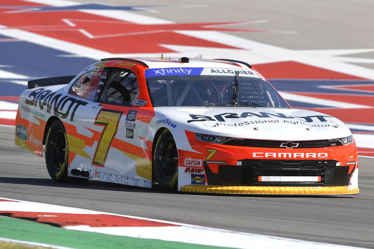 Justin Allgaier, driver of the #7 BRANDT Chevrolet, drives during qualifying for the NASCAR Xfinity Series Pit Boss 250 at Circuit of The Americas on March 25, 2022 in Austin, Texas.