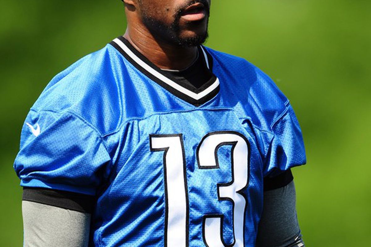 May 21, 2012; Allen Park, MI, USA; Detroit Lions wide receiver Nate Burleson (13) during organized team activities at Detroit Lions training facility. Mandatory Credit: Andrew Weber-US PRESSWIRE