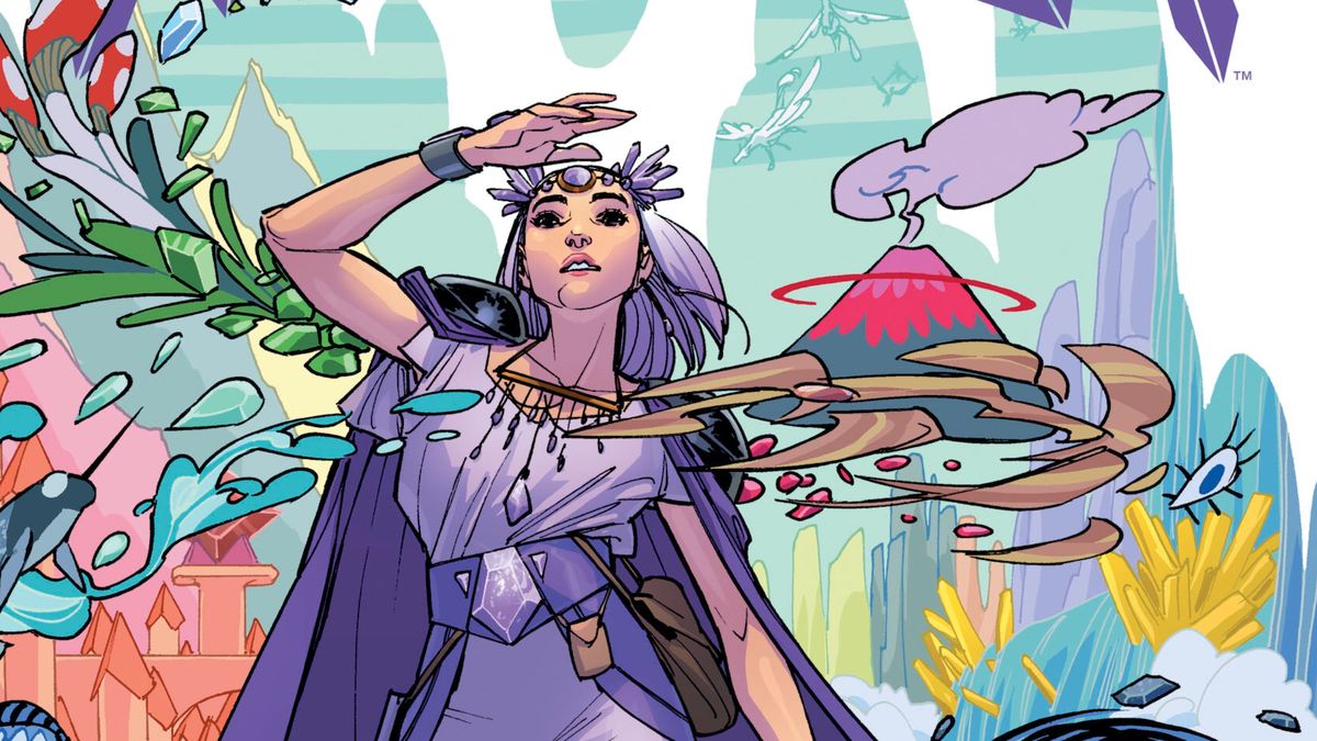 Princess Amethyst/Amy stands on a background of swirling visions, clad all in purple, gripping an amethyst sword, on the cover of Amethyst #1, DC Comics (2020).