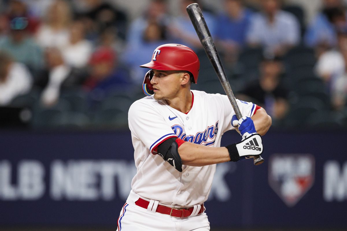 Corey Seager of the Texas Rangers bats during a game against the Kansas City Royals at Globe Life Field on April 10, 2023 in Arlington, Texas.