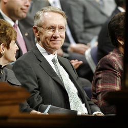 Senate Majority Leader Harry Reid, Democrat from Nevada, sits with his wife Landra before speaking at a BYU forum Tuesday at the Marriott Center.
