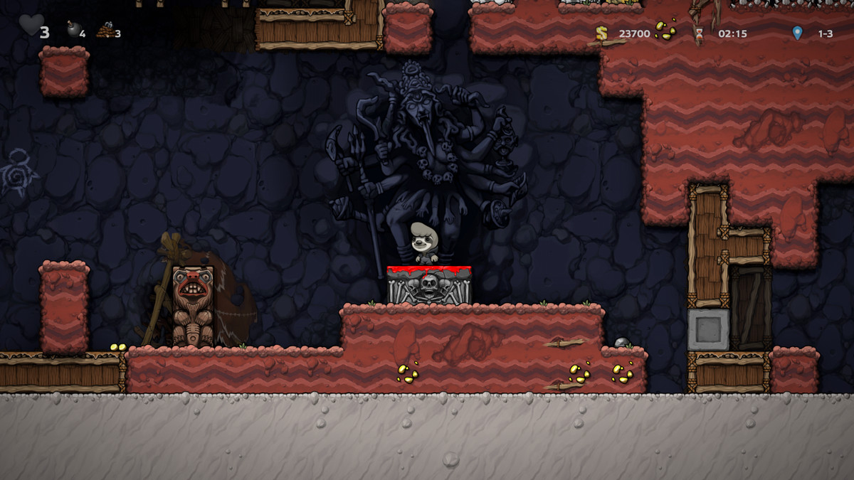 A sloth stands on a sacrifice table in Spelunky 2