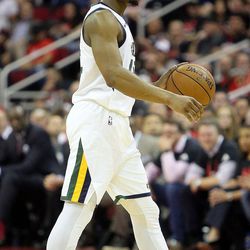 Utah Jazz guard Donovan Mitchell (45) dribbles the ball during Game 5 of the NBA playoffs against the Houston Rockets at the Toyota Center in Houston on Tuesday, May 8, 2018. The Jazz lost 102-112.