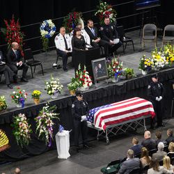 Jenny Brotherson, mother of fallen West Valley police officer Cody Brotherson, speaks during funeral services for her son at the Maverik Center in West Valley City on Monday, Nov. 14, 2016.