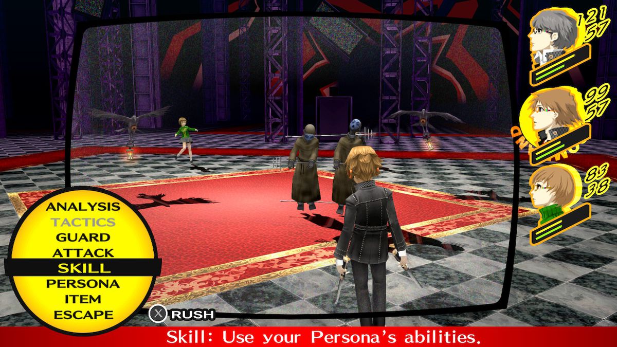 Główny bohater i Chie stoją w lochu z dwoma demonami w Persona 4 Golden na Nintendo Switch