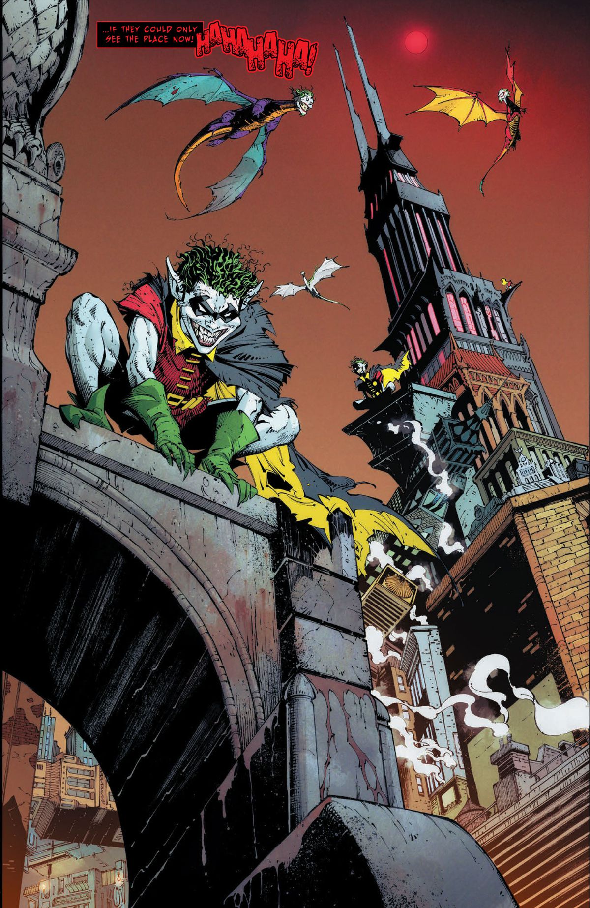 Groblins perch on rooftops as Joker dragons circle overhead in Dark Nights: Death Metal #1, DC Comics (2020). 