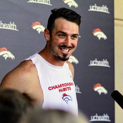 Quarterback Paxton Lynch meets with the media after the first day of Denver Broncos training camp. 