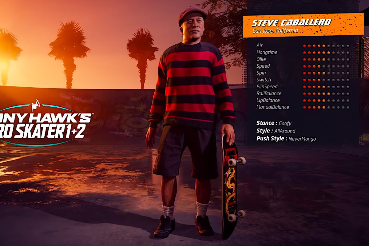 Skater Steve Caballero appears in a menu selection screen from Tony Hawk’s Pro Skater 1 and 2
