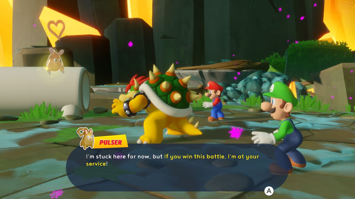 Mario, Luigi, and Bowser talk to the Pulser Spark in Mario + Rabbids Sparks of Hope