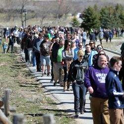 Crowds line up before Democratic presidential candidate and Vermont Sen. Bernie Sanders gives a speech to supporters at This is the Place Heritage Park in Salt Lake City, Friday, March 18, 2016.