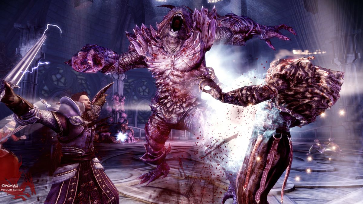 Dragon Age Origins: Alistair and the Gray Wardens battle a monstrous Darkspawn.