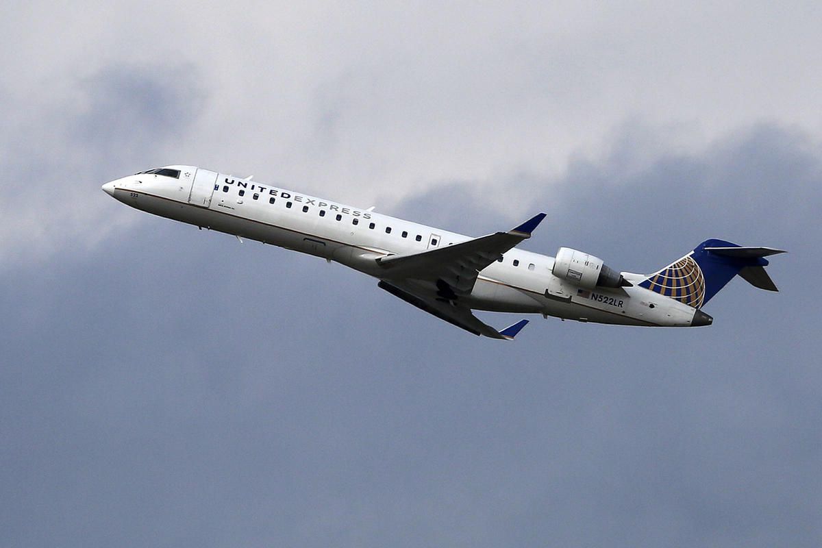A United Airlines Express jet takes off from Pittsburgh International Airport, Wednesday, Feb. 22, 2017. (AP Photo/Gene J. Puskar)