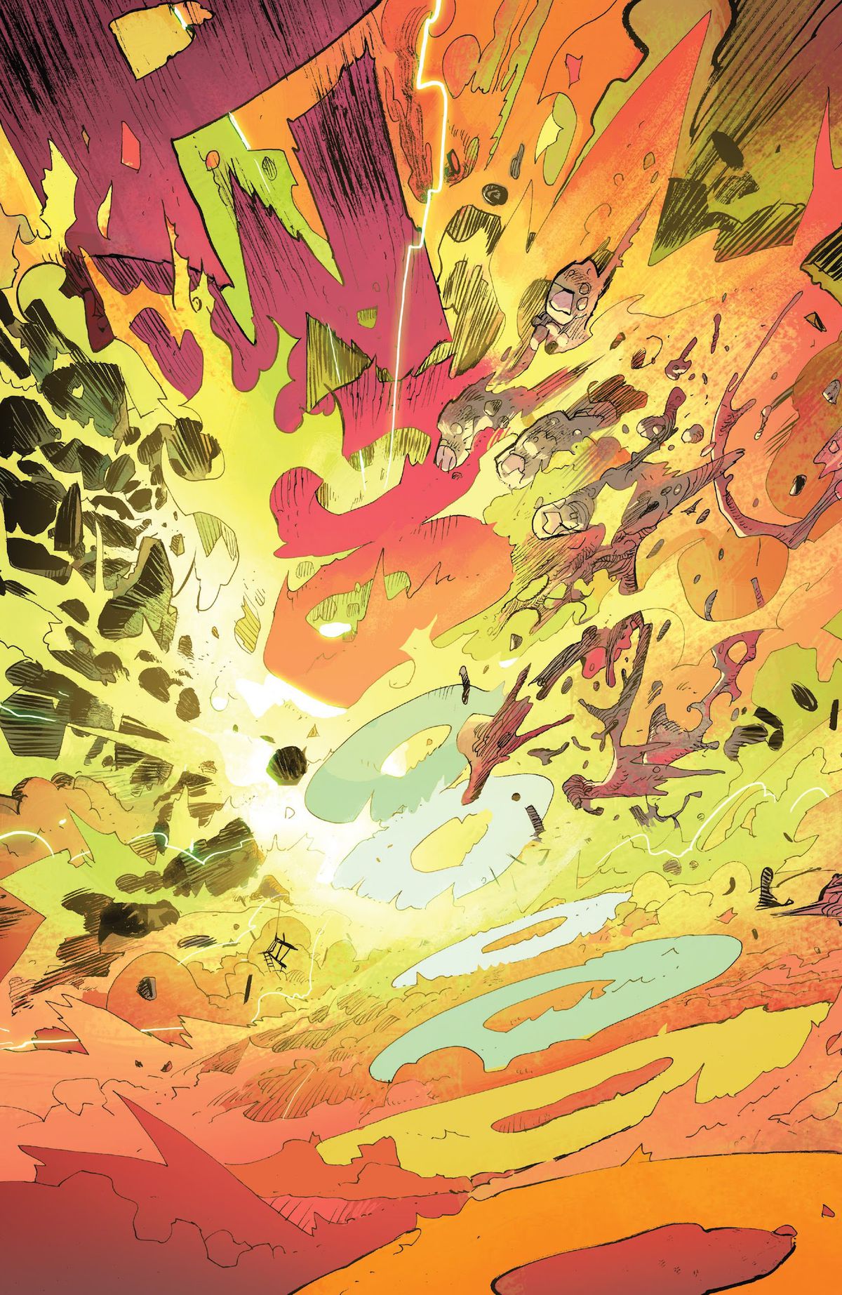 An explosion so big there’s barely anything else to see but bright colors and the huge sound effect PWOOOOOOO which is drawn as if it is the force of the explosion impacting the environment in Coda (2018).