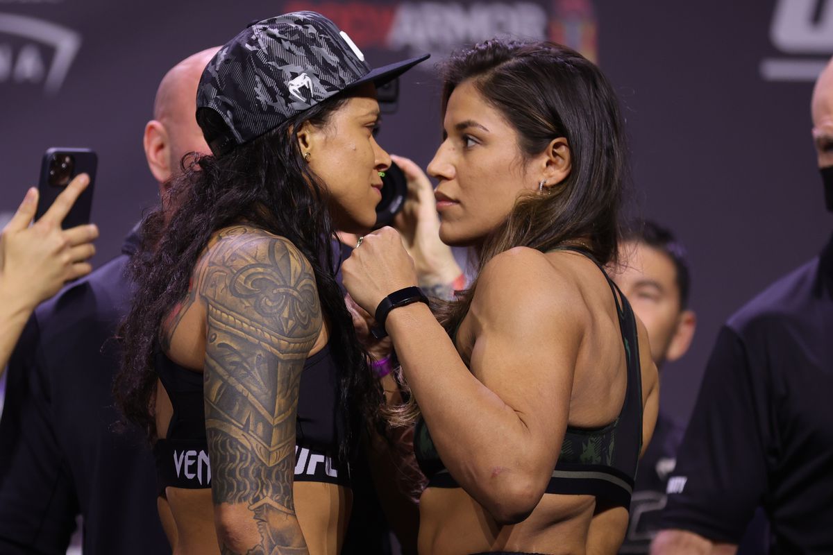 Amanda Nunes and Julianna Peña during official weigh-ins for UFC 269. 