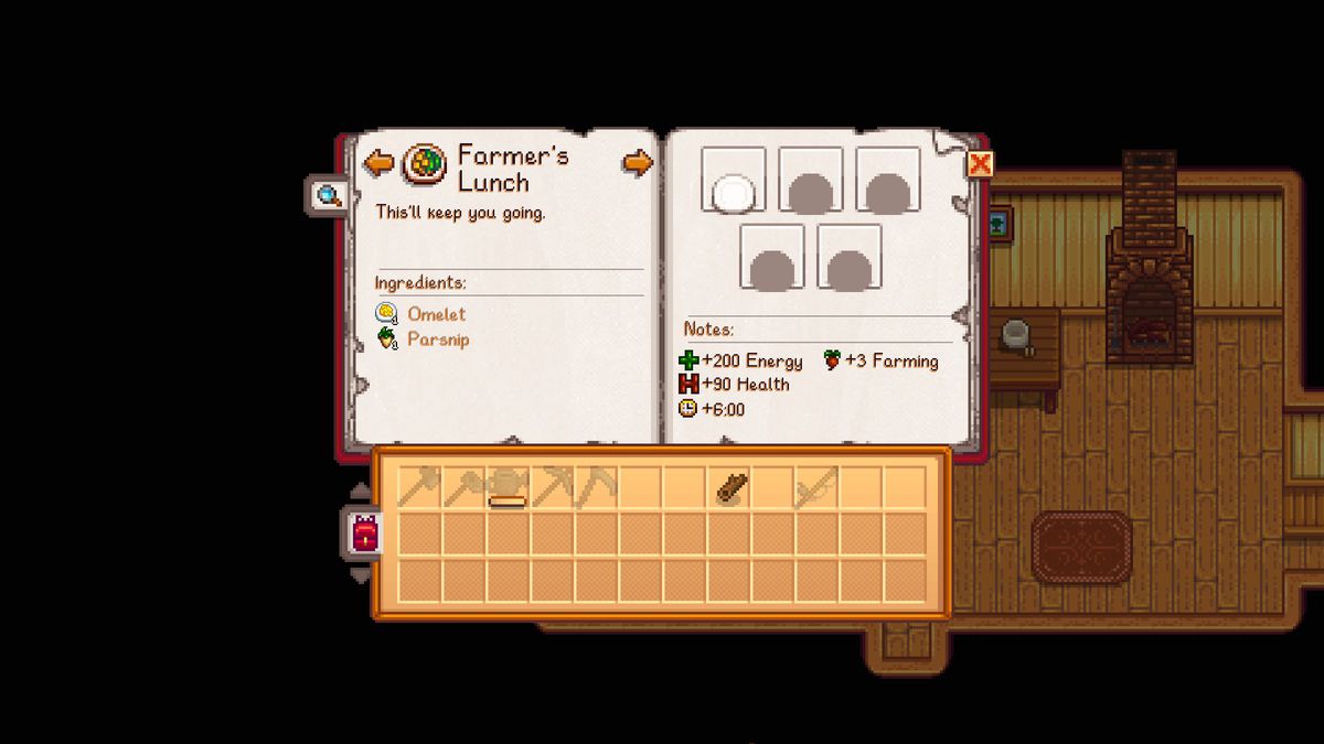 A screenshot from Stardew Valley with the Love of Cooking Mod installed. A Farmer’s Lunch inside a page of a cookbook is displayed.