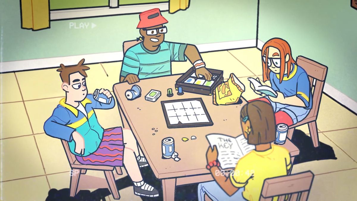 An illustration of typical 90s kids sitting around a table playing a board game.