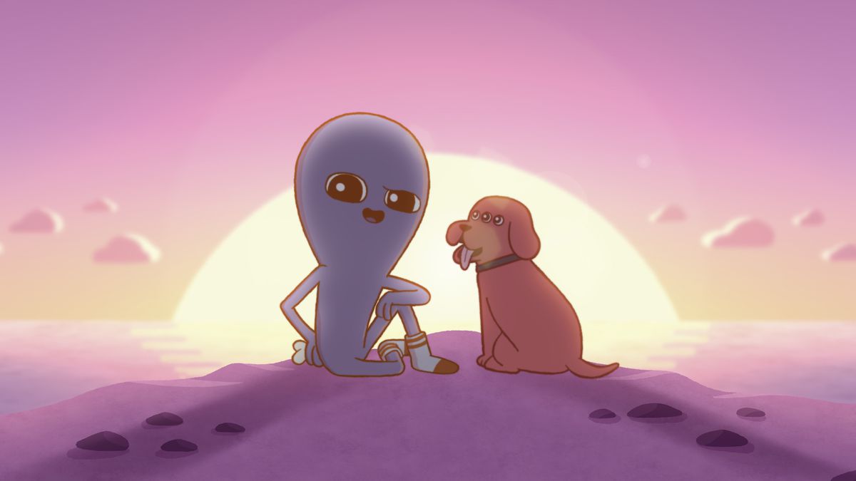 One of the cartoony blue blobby aliens from Nathan W. Pyle’s Strange Planet sits on the beach at sunset next to a three-eyed dog and smiles backward over its shoulder at the viewer in the Apple TV Plus animated series based on Pyle’s work