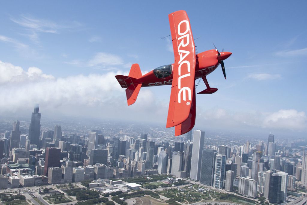 Sean Tucker flies over Chicago on media day for Chicago Air and Water Show. | Colin Boyle/Sun-Times