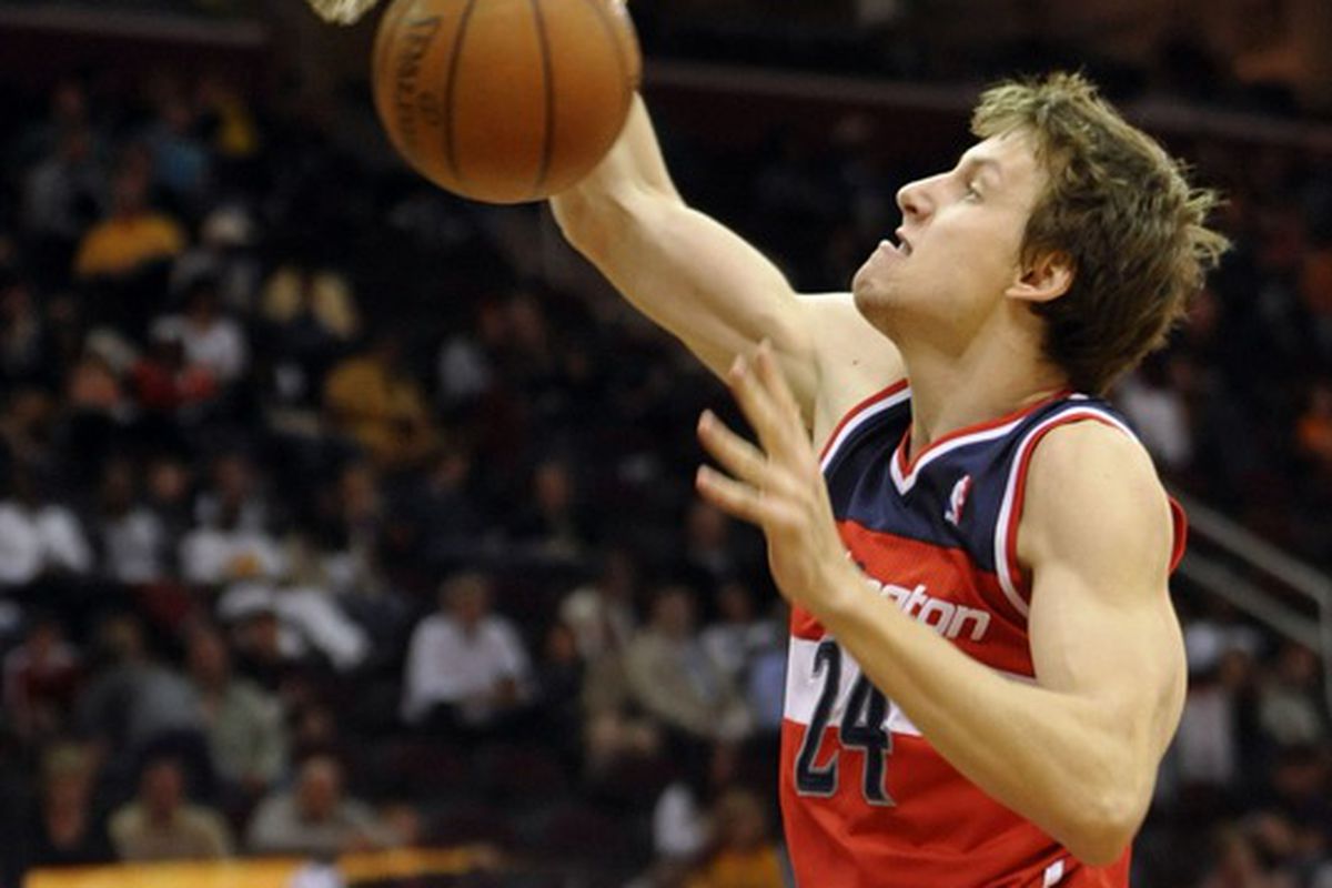 Apr 25, 2012; Cleveland, OH, USA;  Washington Wizards forward Jan Vesely (24) dunks against the Cleveland Cavaliers in the fourth quarter at Quicken Loans Arena. Mandatory Credit: David Richard-US PRESSWIRE