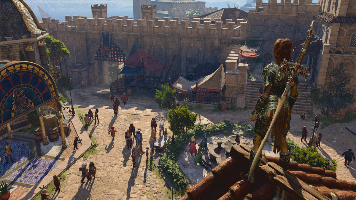 A character from Baldur’s Gate 3, facing away from the camera, stands on a rooftop overlooking a bustling city