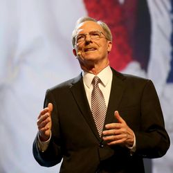 Tad R. Callister, general president of the Sunday School of The Church of Jesus Christ of Latter-day Saints, speaks during Family Discovery Day at RootsTech at the Salt Palace in Salt Lake City on Saturday, Feb. 14, 2015. 