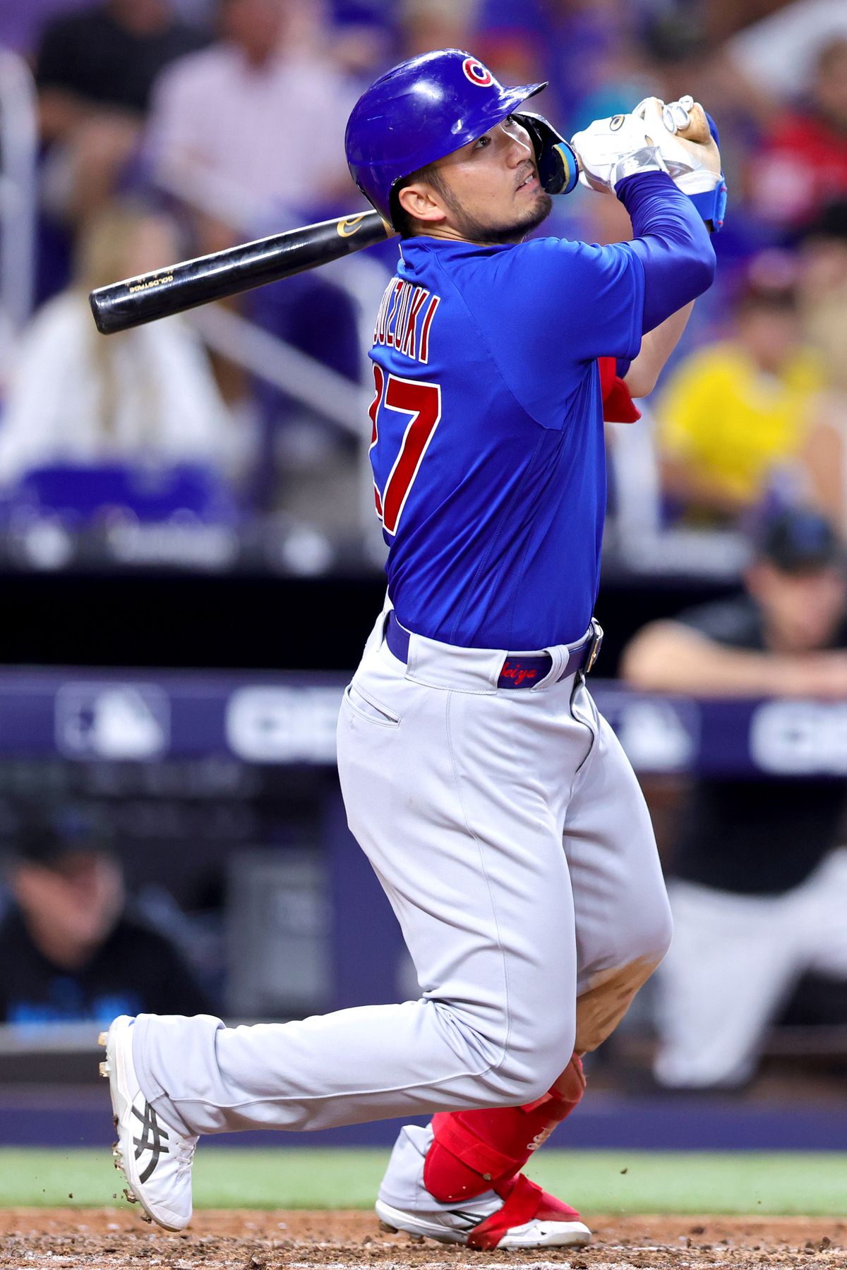 Seiya Suzuki #27 of the Chicago Cubs at bat against the Miami Marlins during the seventh inning at loanDepot park on April 30, 2023 in Miami, Florida.