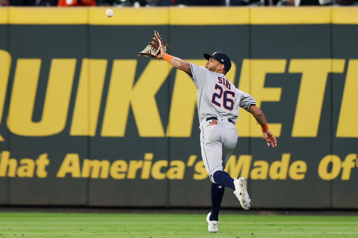 Jose Siri #26 of the Houston Astros catches a fly ball in the ninth inning during Game 5 of the 2021 World Series between the Houston Astros and the Atlanta Braves at Truist Park on Sunday, October 31, 2021 in Atlanta, Georgia.