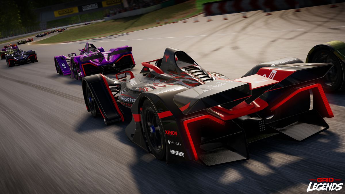 Fictional electric racing cars with a futuristic, angled chassis and neon colors