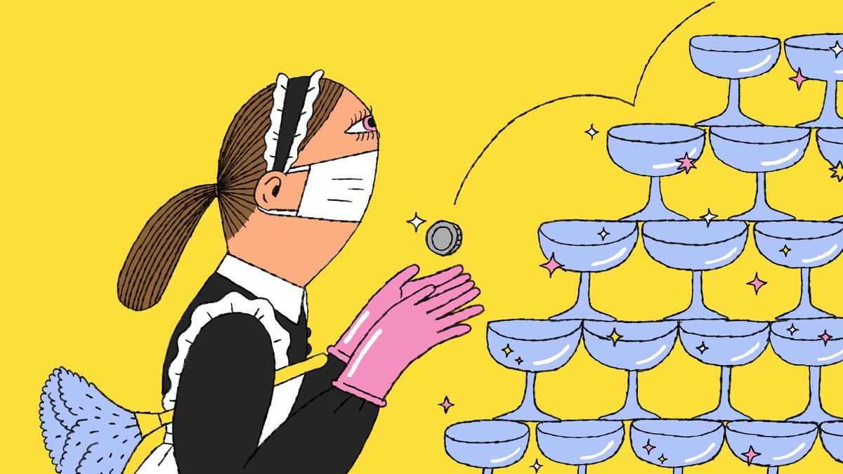 A maid in rubber gloves and a facemask waits patiently as a single coin bounces down a champagne fountain. Illustration.