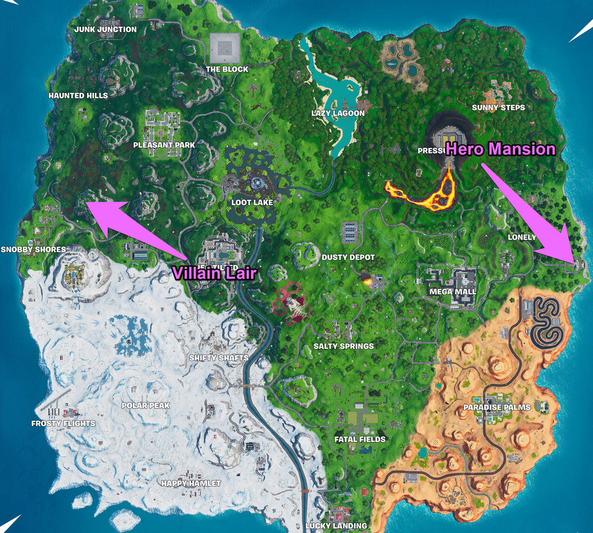 A Fortnite map with the Hero Mansion and Villain Lair locations marked