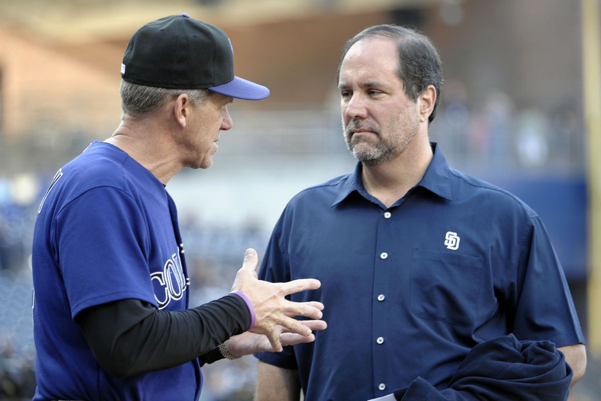 SAN DIEGO, CA - SEPTEMBER 3:  Colorado Rockies manager Jim Tracy (L) talks with San Diego Padres CEO Jeff Moorad before a baseball game against the at Petco Park on September 3, 2011 in San Diego, California. (Photo by Denis Poroy/Getty Images)
