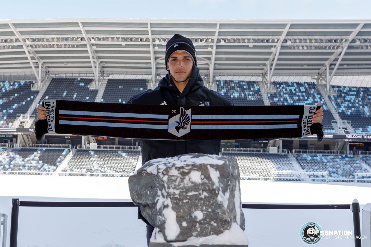February 9, 2020 - Saint Paul, Minnesota, United States - Minnesota United's new signing Luis Amarilla poses for photos during the Introductory Press Conference at Allianz Field. 
