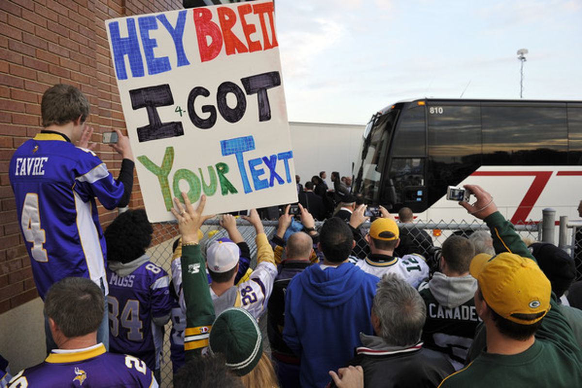 GREEN BAY WI - OCTOBER 24:  Green Bay Packer fans wait for Brett Favre and the Minnesota Vikings to get off the bus at Lambeau Field on October 24 2010 in Green Bay Wisconsin. (Photo by Jim Prisching/Getty Images)