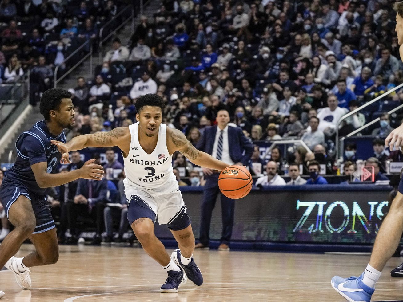 BYU guard Te’Jon Lucas (3) competes against San Diego at the Marriott Center in Provo on Thursday, Jan. 20, 2022.