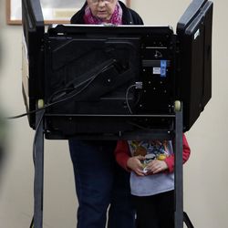 Diana Lantz, of Westerville, stands with her grandson as she votes at the Westerville Community Church of Christ Tuesday, March 15, 2016, in Westerville, Ohio. 