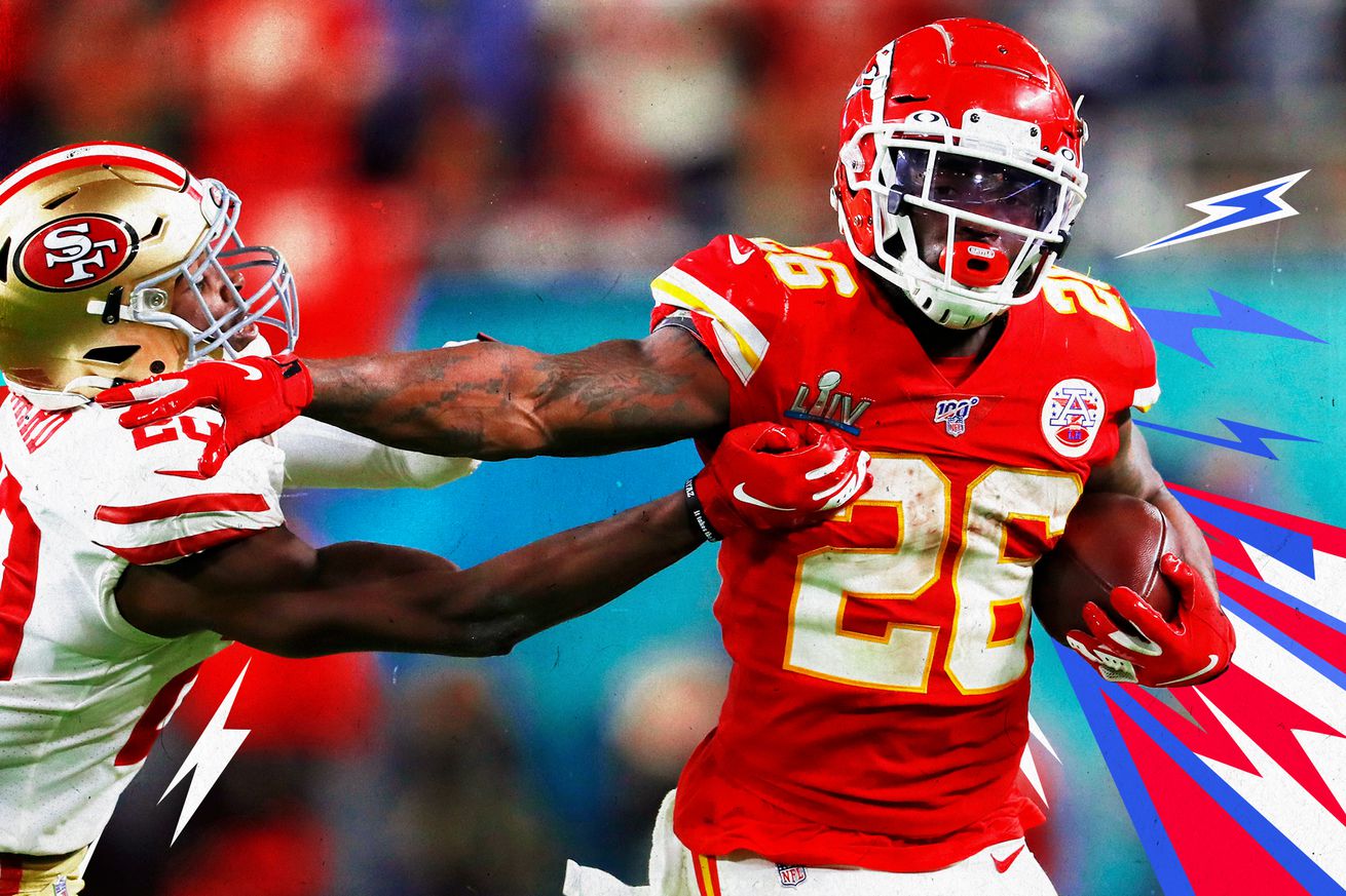Chiefs RB Damien Williams stiff-arms 49ers S Jimmie Ward, with red, white, and blue lightning bolt graphics in the backgroumd