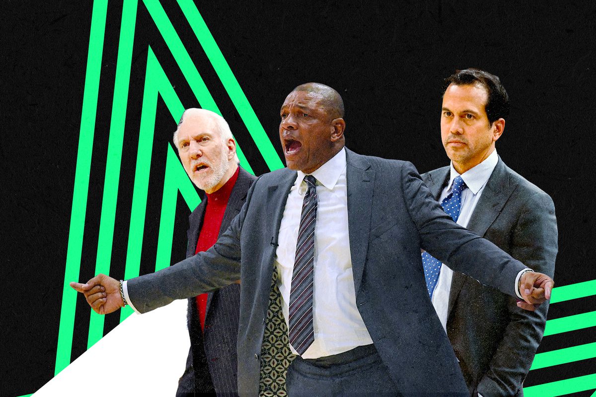 A collage of Gregg Popovich (left), Doc Rivers (center), and Erik Spoelstra (right).