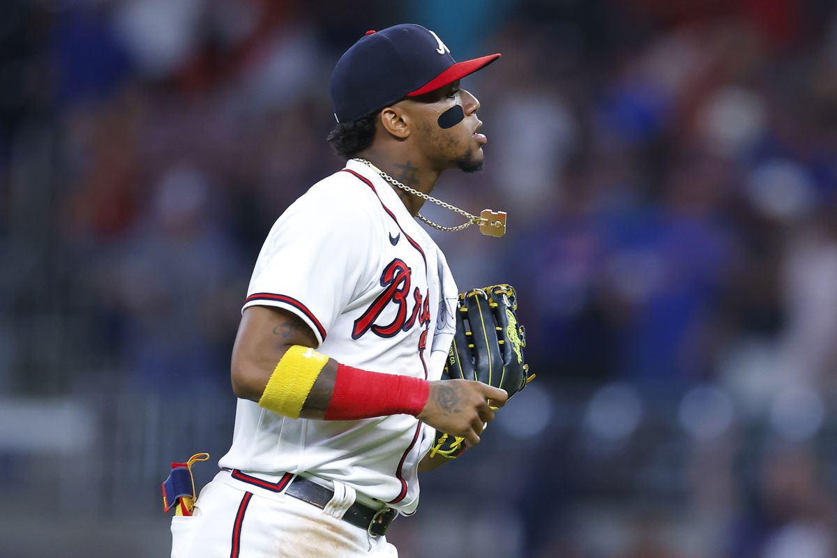 Ronald Acuna Jr. #13 of the Atlanta Braves reacts at the end of the game against the New York Mets at Truist Park on July 12, 2022 in Atlanta, Georgia.