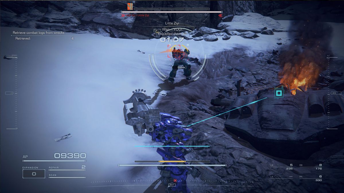 A blue mech hovers over some snowy cliffs and targets a gray mech in Armored Core 6.
