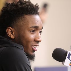 Utah Jazz guard Donovan Mitchell talks to the media at Zions Bank Basketball Center in Salt Lake City on Thursday, April 25, 2019. Utah's season ended with Wednesday's loss to Houston in the first round of the NBA playoffs.