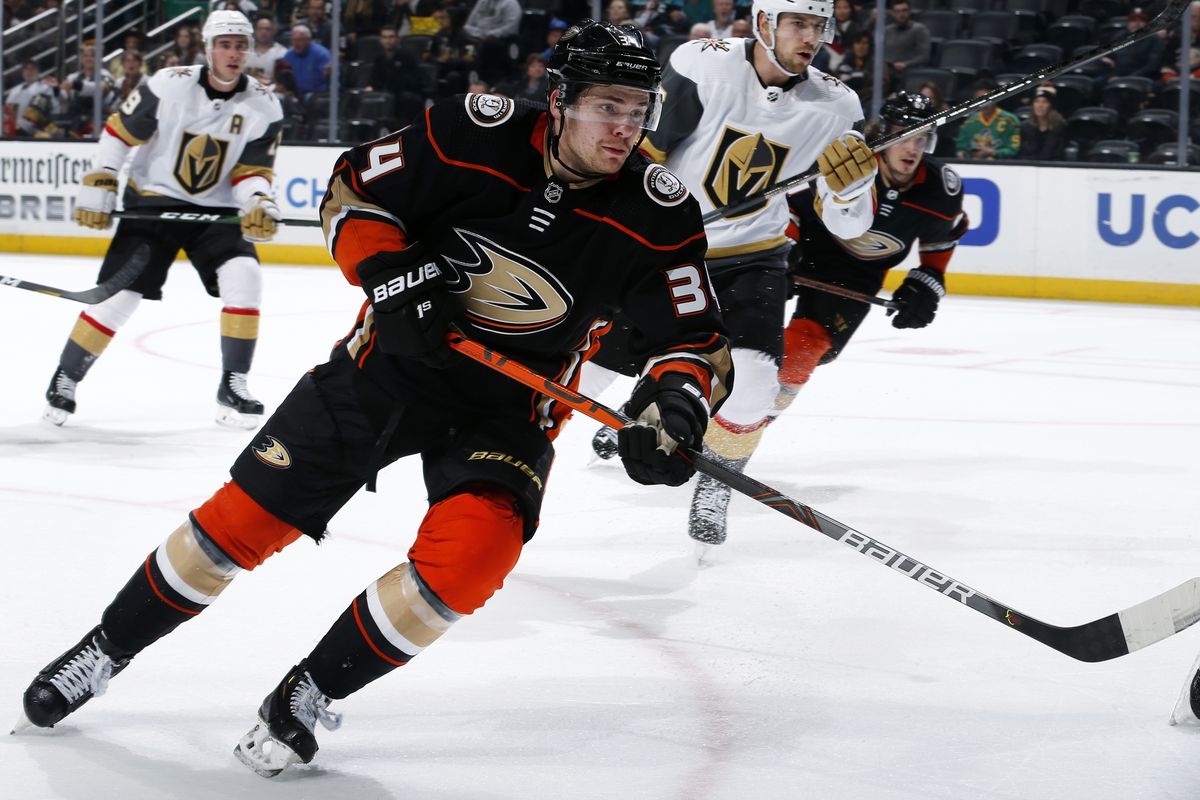 Sam Steel #34 of the Anaheim Ducks skates with the puck during the game against the Vegas Golden Knights at Honda Center on February 23, 2020 in Anaheim, California.